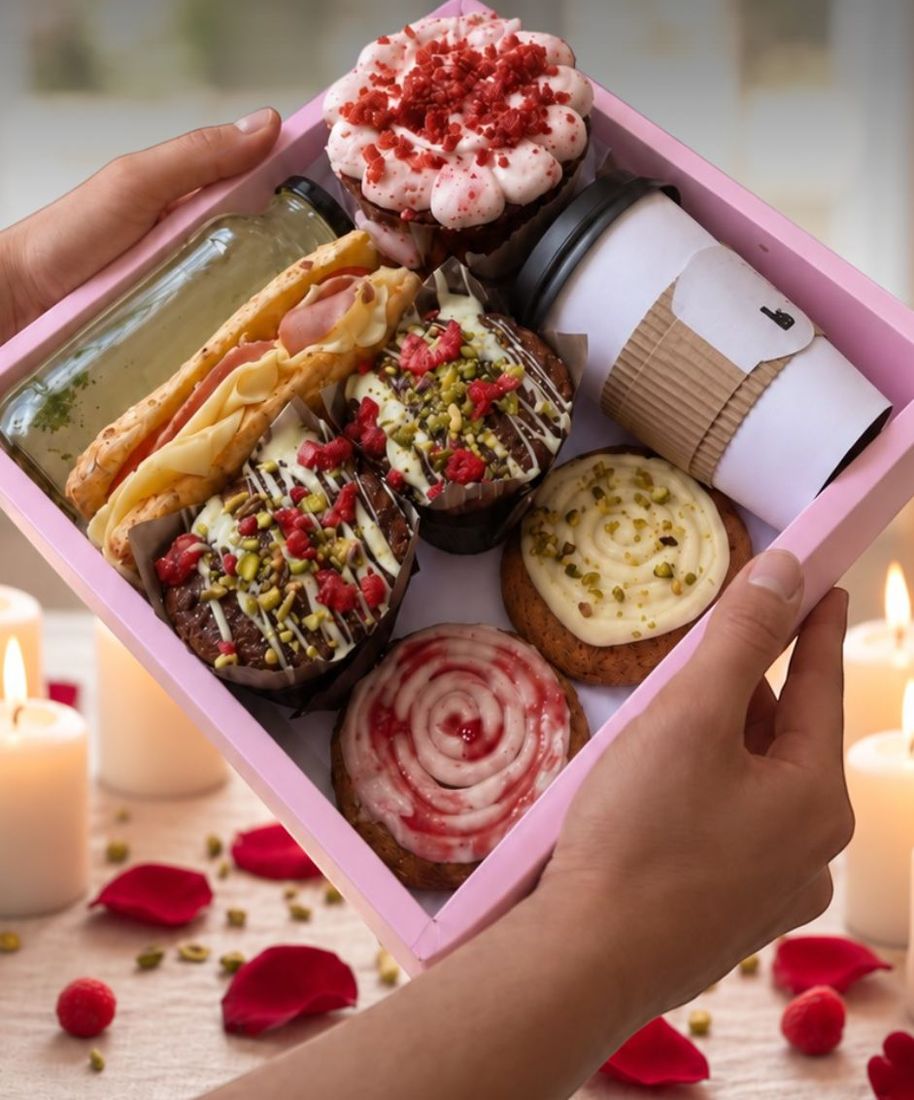 Box rosa con muffins, cookies decoradas, sándwich y café